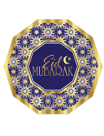 8 Eid Mubarak Blue and Gold Cardboard Plates 23 cm