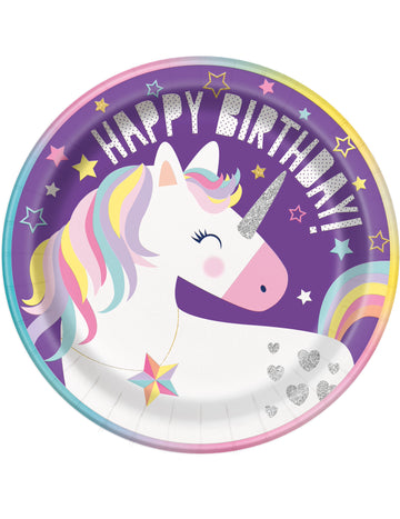 8 Happy Birhtday Cartboard Plates Unicorn Party 23 cm