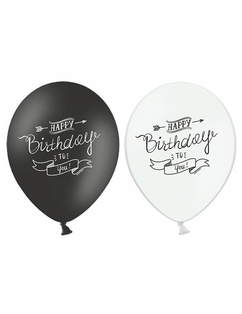 6 Happy Birthday Ballons Noir a White 30 cm