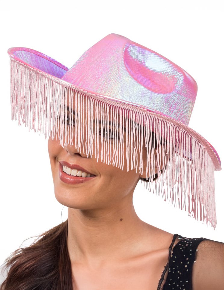 Chapeau de cowboy irisé rose avec franges adulte