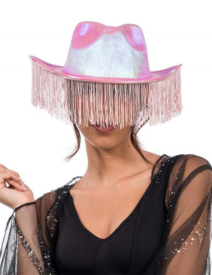 Chapeau de cowboy irisé rose avec franges adulte