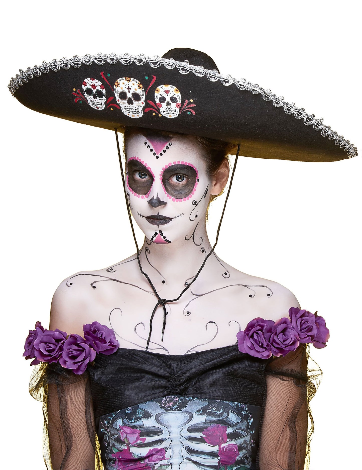 Black Sombrero Dia de los Muertos dospelých strieborných povrchov